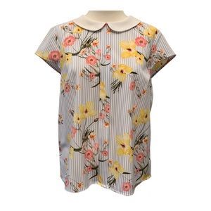 CeCe Floral Striped Cap Sleeve Peter Pan Collar Blouse, Size Medium